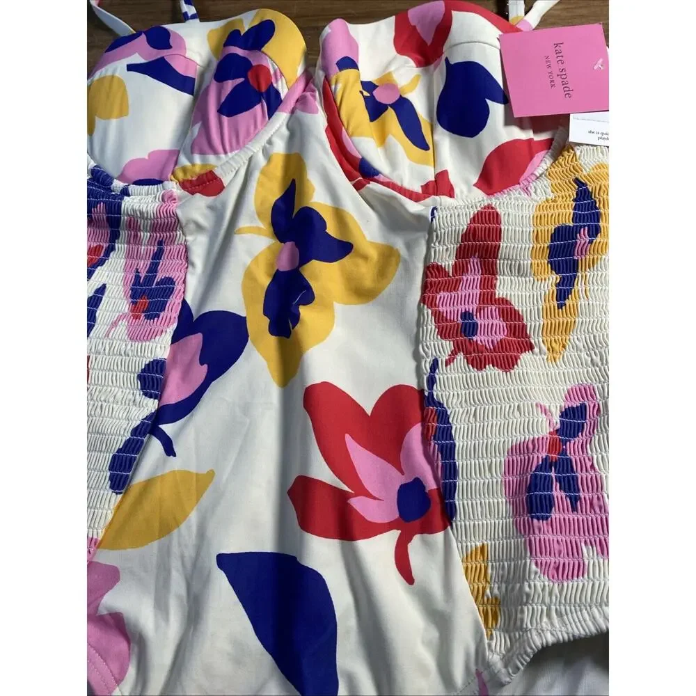Kate Spade Summer Floral Smocked Underwire One Piece Swimsuit Ivory Womens XL